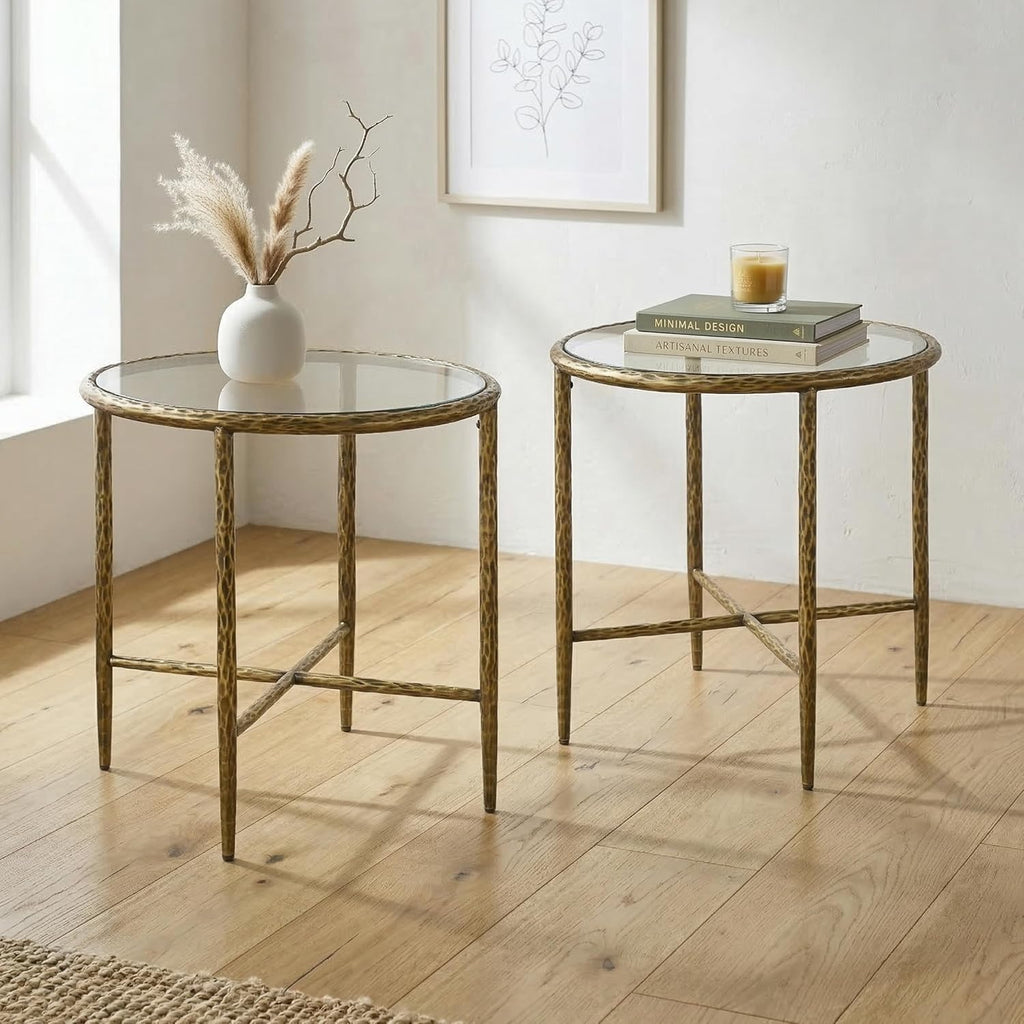 24/7 Shop at Home Lalia Modern Metal 22-inch Round End Tables Set of 2 with Tempered Glass Top, Forged Steel Base for Living Room, Matte Gold