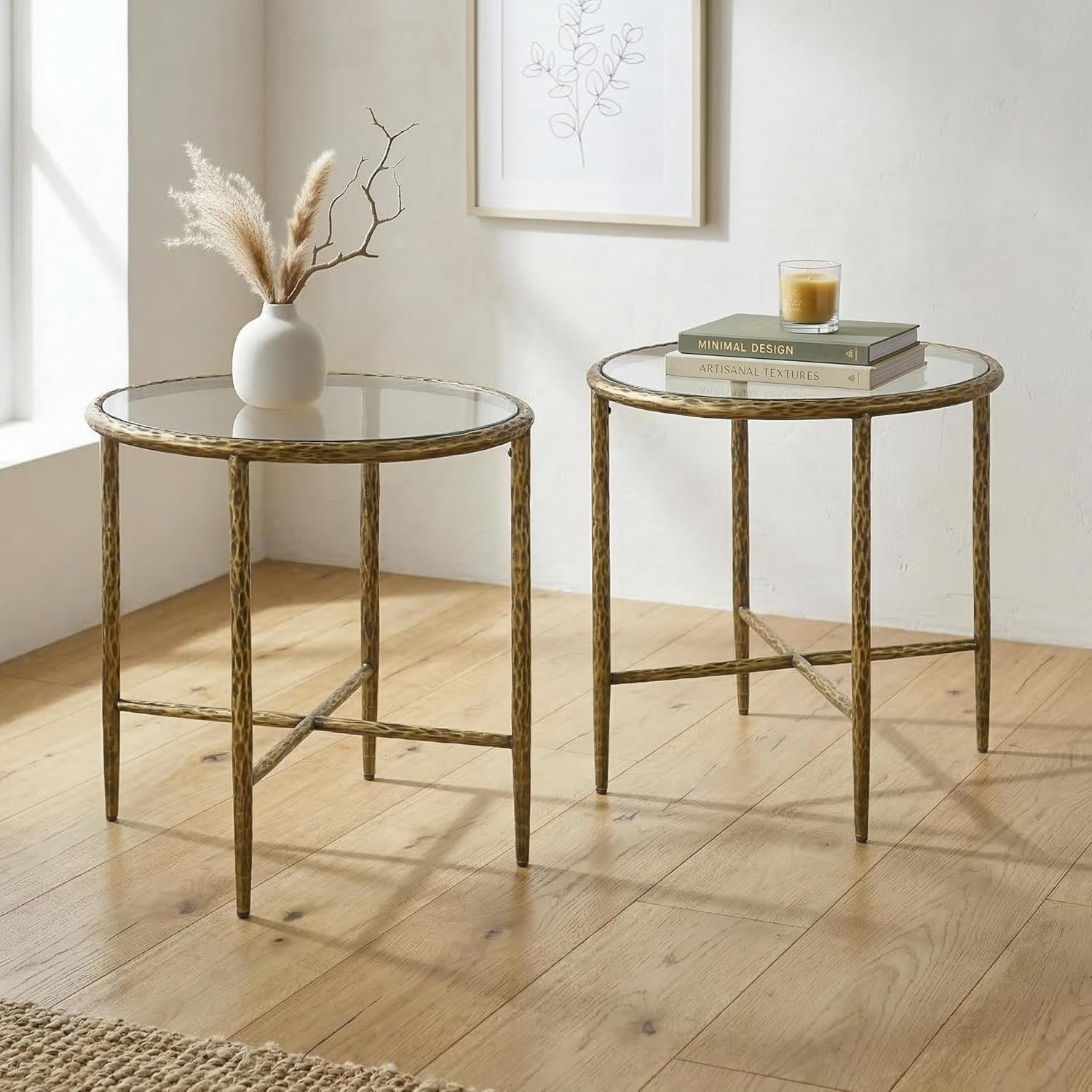 24/7 Shop at Home Lalia Modern Metal 22-inch Round End Tables Set of 2 with Tempered Glass Top, Forged Steel Base for Living Room, Matte Gold