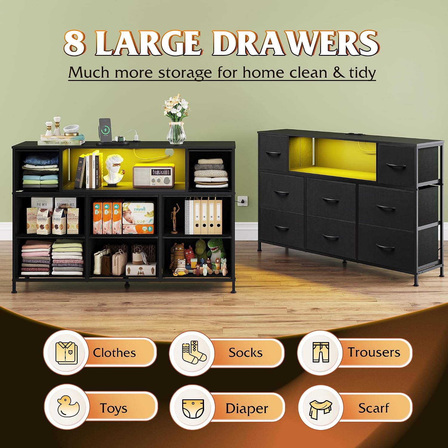 WLIVE LED Dresser TV Stand for 55 Inch TV, 8 Drawers, Black | Fits TVs up to 55 inch, 8 fabric drawers, LED chest of drawers, Built-in power outlet, Living room or bedroom
