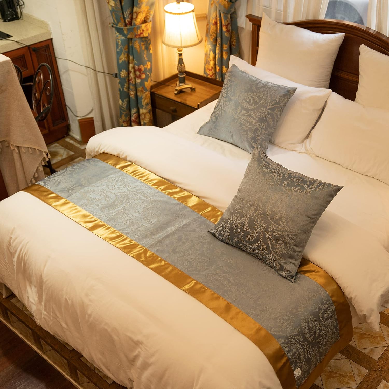 OSVINO Jacquard Bed Scarf Luxury Microfiber Bedding Protector Slipcover Smooth Comfort Bedroom Guestroom Inn Decor, Golden 210X50cm for 150cm Bed