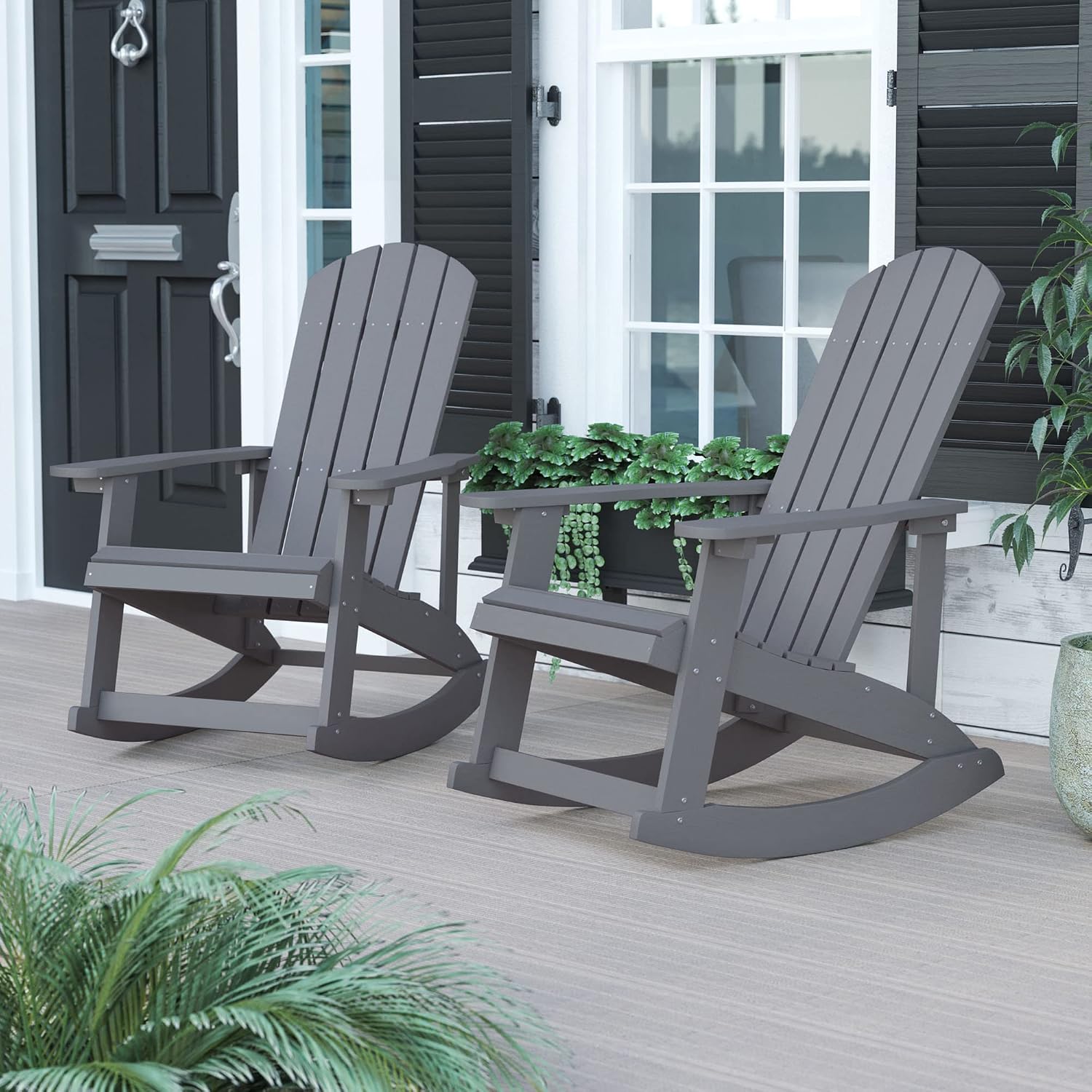 Flash Furniture Set of 2 Savannah Adirondack Rocking Chairs and Charlestown Adirondack Chair, 350-lb Capacity, Polyresin Wood Style, Gray