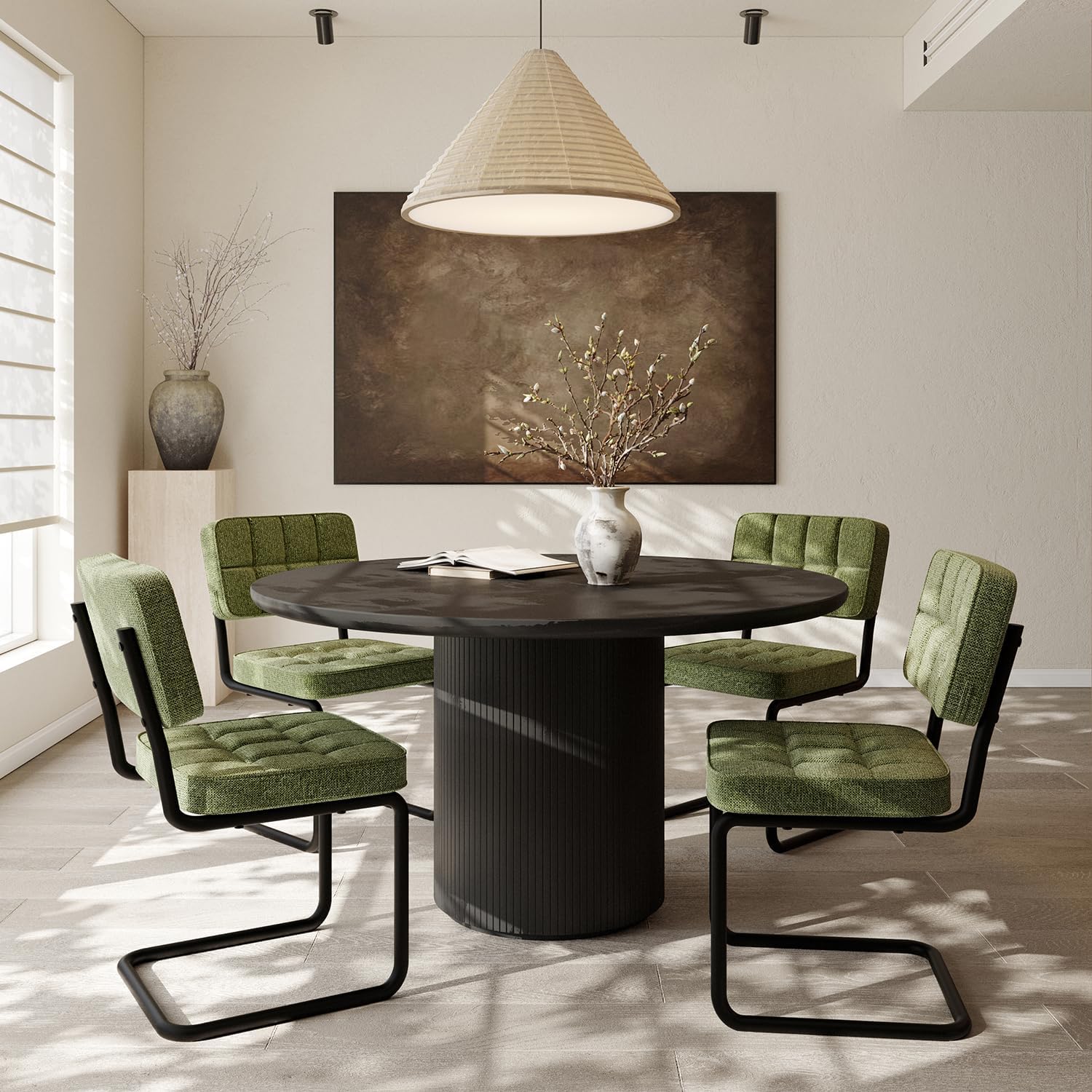 Modern Cantilevered Green Dining Chairs Set of 4, Mid Century Side Dinner Chairs, Armless Backrest, Upholstered Seat, Metal Base, Industrial for Kitchen/Restaurant/Living Room/Cafeteria, Olive