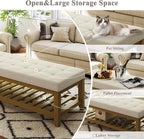 Befurtori Large Rectangular Upholstered Ottoman Bench, Linen Tufted Footrest Ottoman with Solid Wood Shelf Storage Coffee Table for Bedroom Living Room, Ivory