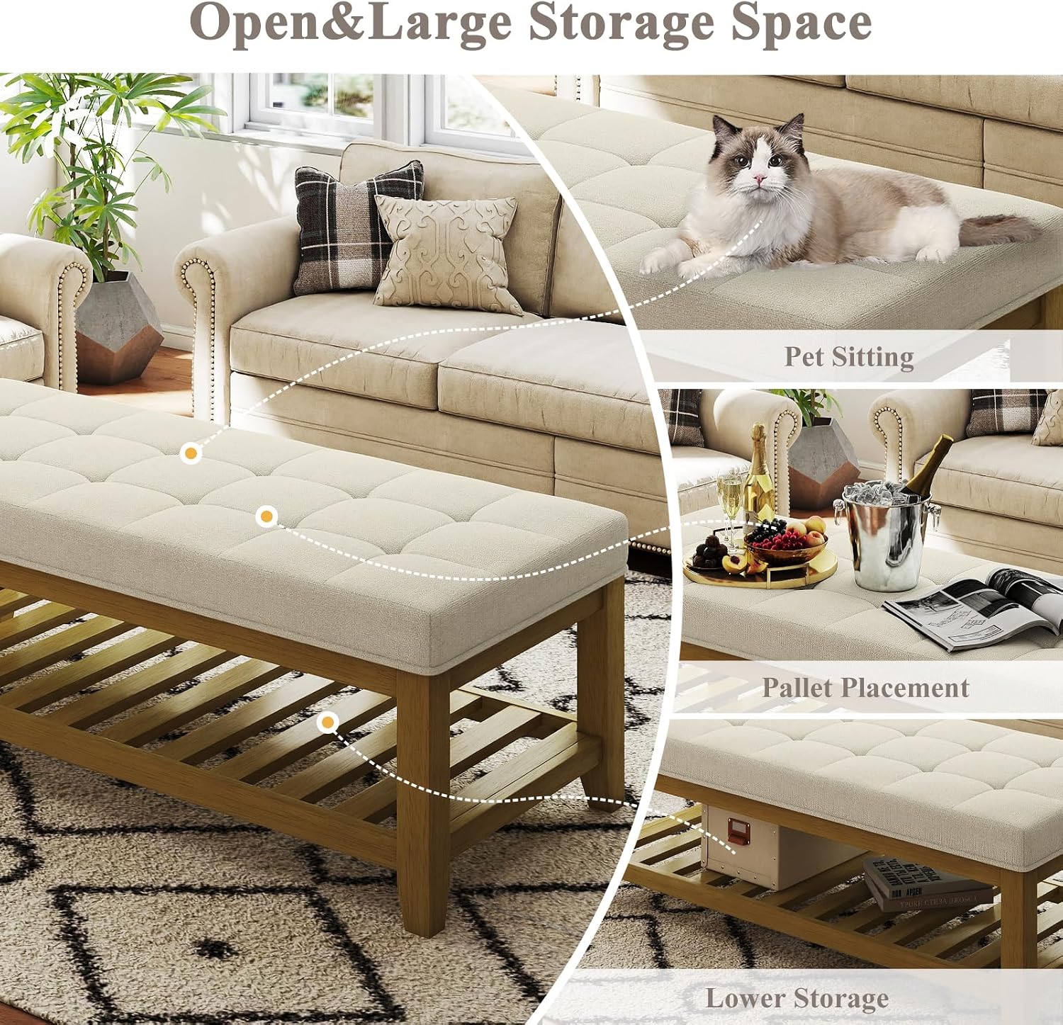 Befurtori Large Rectangular Upholstered Ottoman Bench, Linen Tufted Footrest Ottoman with Solid Wood Shelf Storage Coffee Table for Bedroom Living Room, Ivory