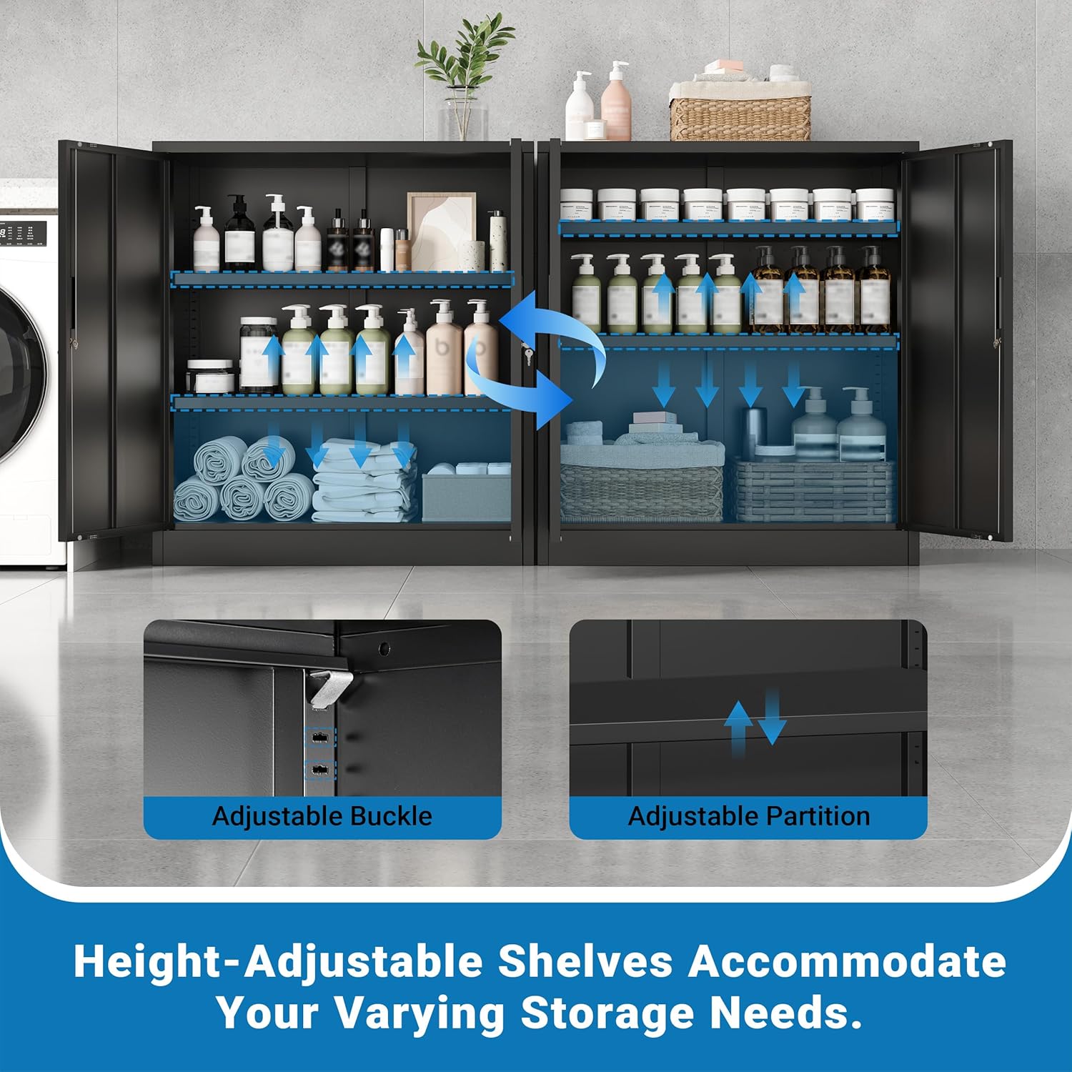 Metal Storage Cabinet, 36" Locking Steel Cabinet with 2 Doors and 2 Adjustable Shelves for Garage, Home, Office, Kitchen (Black, 36" H x 32" W x 16" D)