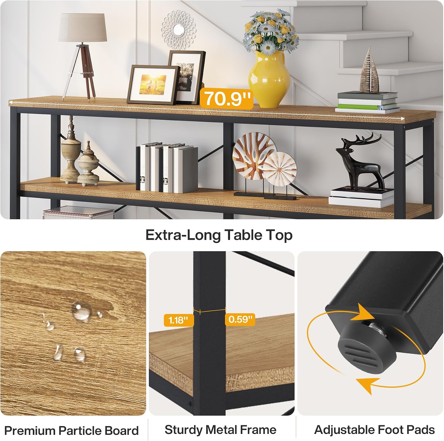 Tribesigns 71" Sofa Tables,Extra Long Couch Table, Narrow Long Console Table, Entryway Table,Sofa Table with 3 Tiers Storage Shelves (Light Brown)