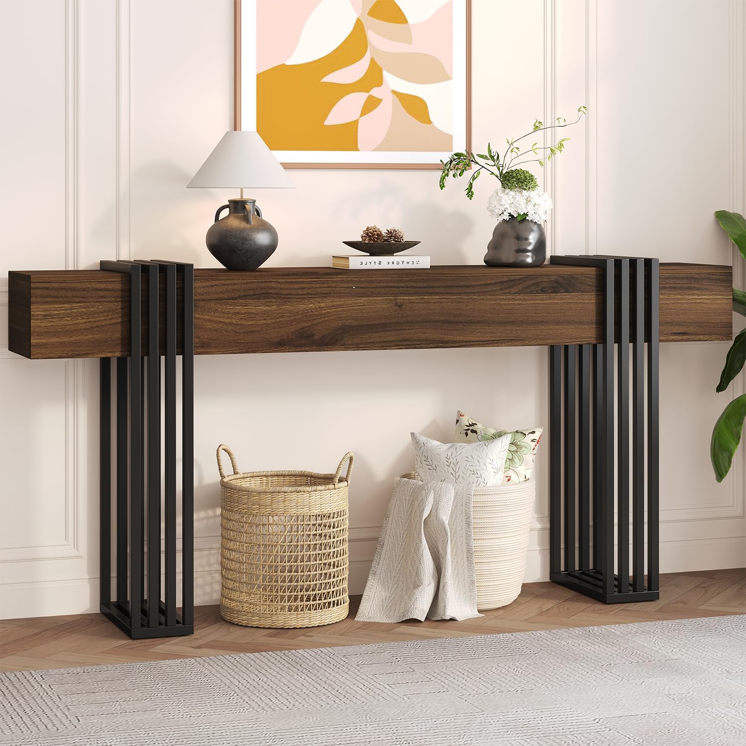 knoworld 71 Inch Long Console Table, Extra Thick Industrial Sofa Table Behind The Couch Rectangular Entryway Table for Entrance Hallway Living Room, Entire top Board & 4-Pipe Legs, Walnut