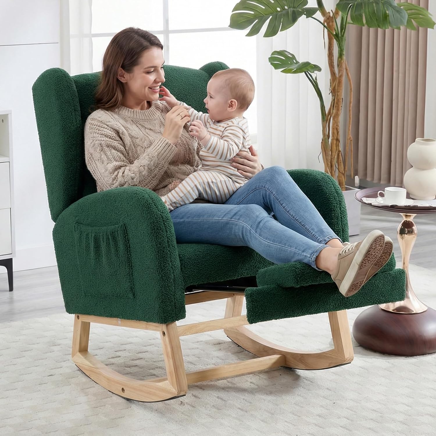 NIOIIKIT Nursery Rocking Chair with Footrest, Teddy Upholstered Glider Chair, Nursery Gliding Recliner with Side Pocket, Glider Rocker for Living Room (Green)