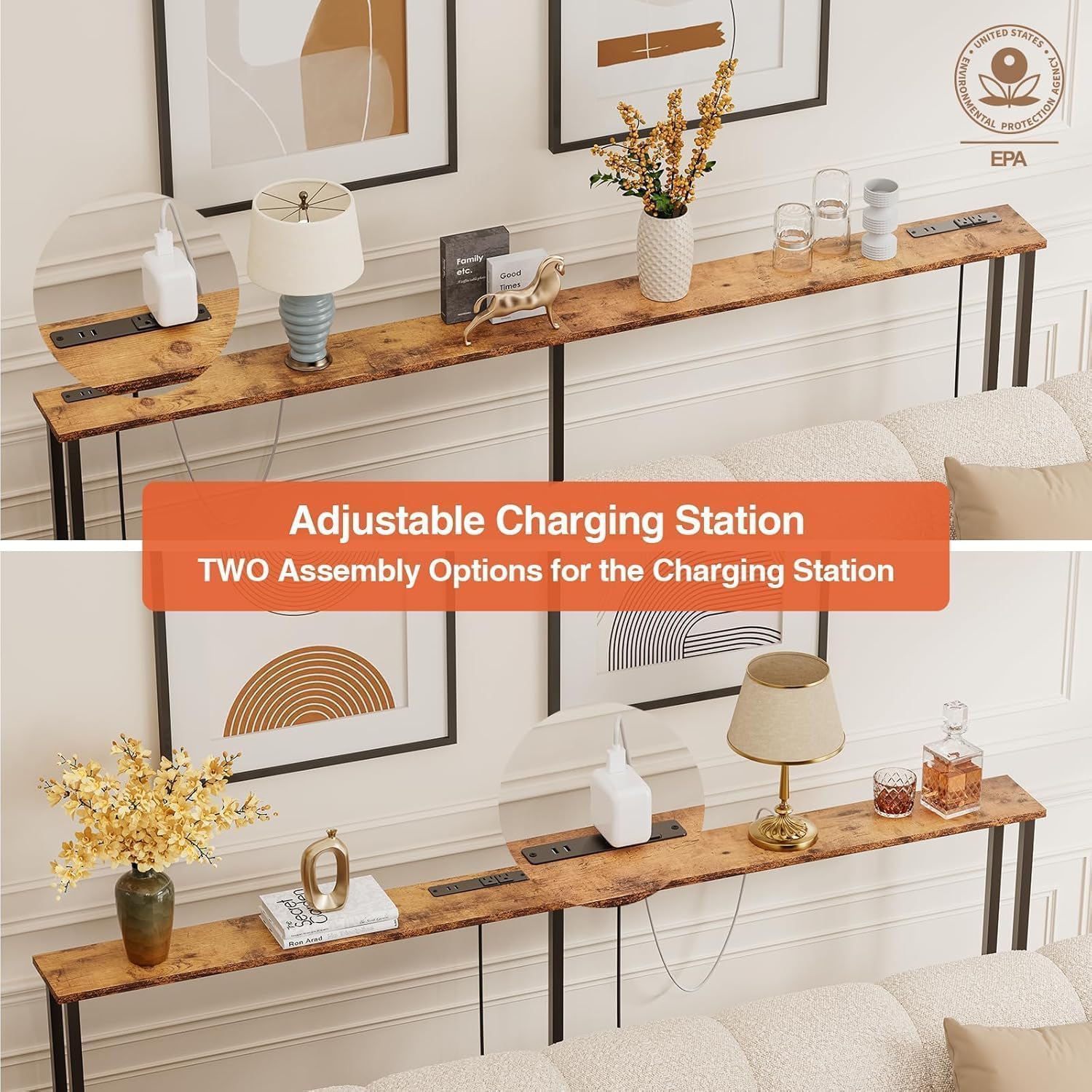 Keelian 102" Narrow Console Sofa Table - 2 Power Outlets & 4 USB Ports, Metal Frame, Rustic Brown, Perfect for Hallway, Office, and Behind Sofa - Easy Assembly, 4.9' Extension Cord Included