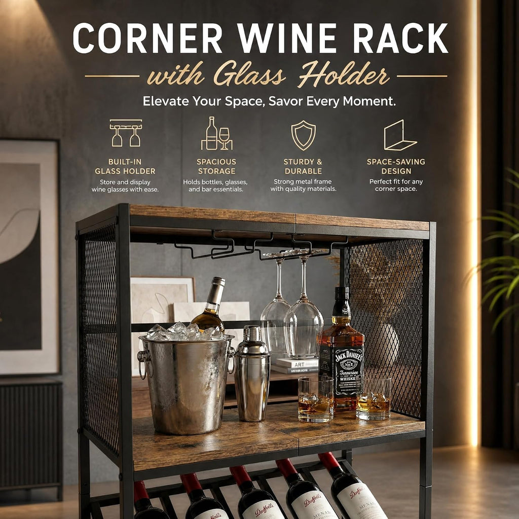 3-Tier Wine Rack Freestanding Floor with Glass & Storage Racks | Space-saving corner wine bar cabinet, sturdy build for kitchen, living room & home bar, stores wine bottles & bar accessories
