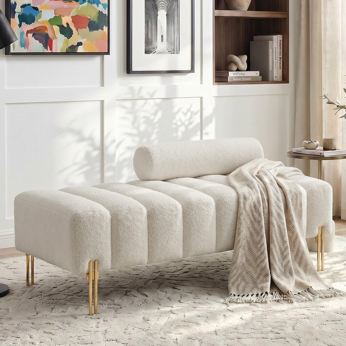 53.2" Width Ottoman Bench, Teddy Upholstered Accent Sofa with Metal Legs, Comfy Love Seat Couches with Adjustable Backrest, End of Bed Bench for Bedroom, Entryway (Beige-Teddy)
