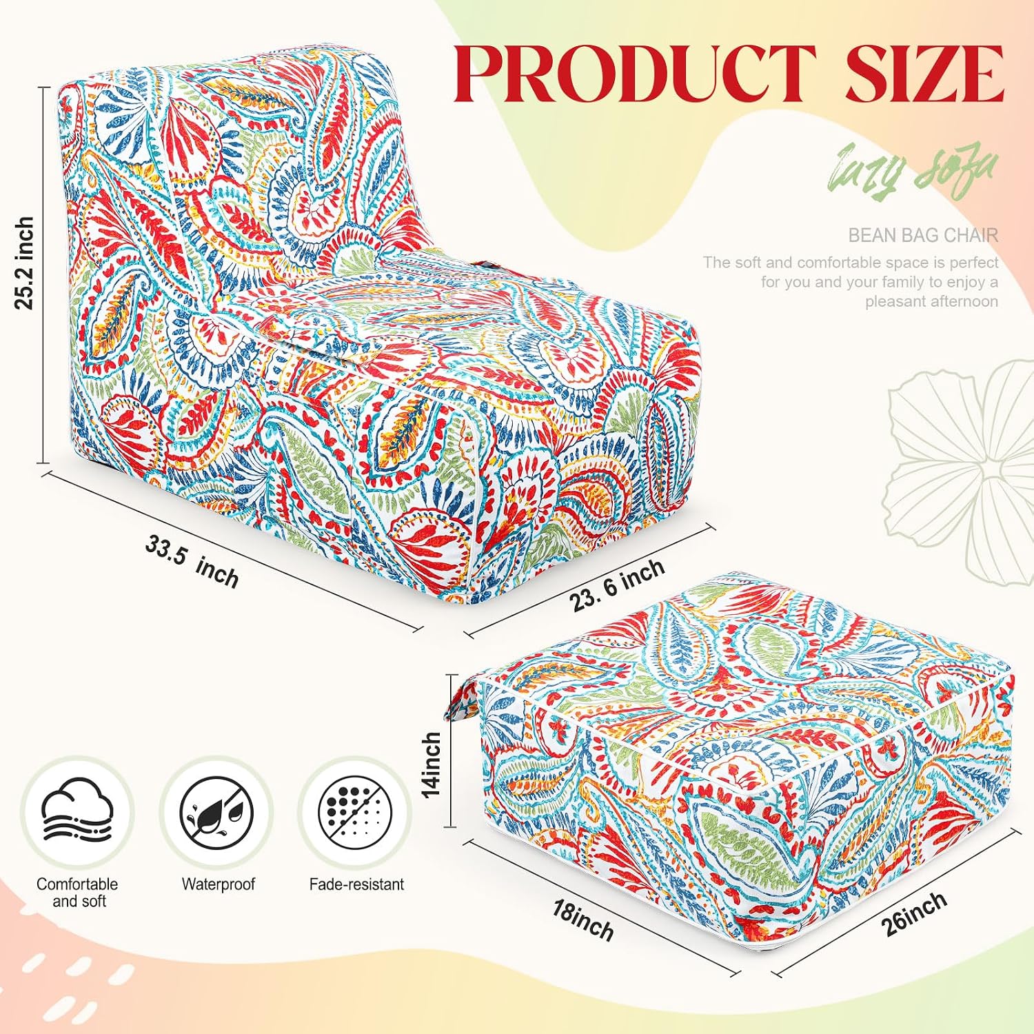 Gemscream Outdoor Inflatable Bean Bag Chair and Ottoman, Portable Inflatable Bean Bag and Ottoman with Handle for Patio Garden Home Boho Decorative Living Room (Paisley Pattern)