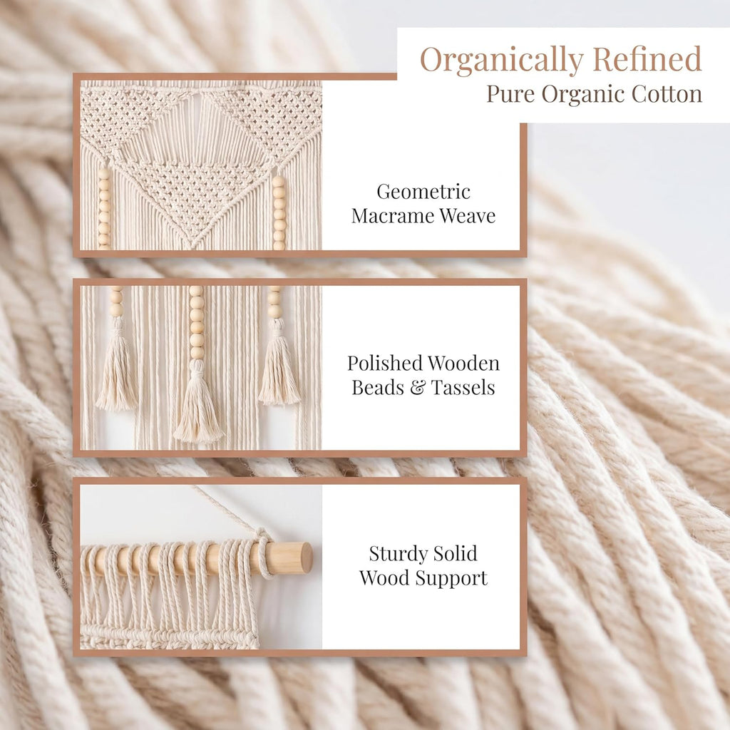 Large Macrame Wall Hanging (43" x 39.5"), Boho Woven Tapestry with Wood Beads & Tassels, Handmade Cotton Wall Art Decor for Bedroom, Living Room, Apartment, Bohemian Home Decor, 1 PCS (White)