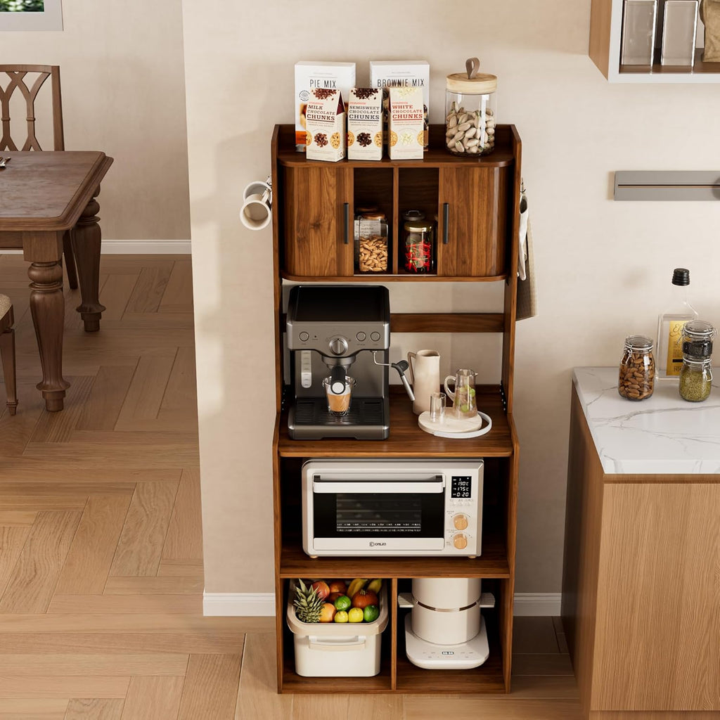 Kitchen Bakers Rack,Coffee Bar with Fluted Sliding Door,5 Tier Free Standing Kitchen Shelves Rack with 6 Hooks and Cable Holes,Microwave Stand for Small Spaces,Kitchen,Living Room