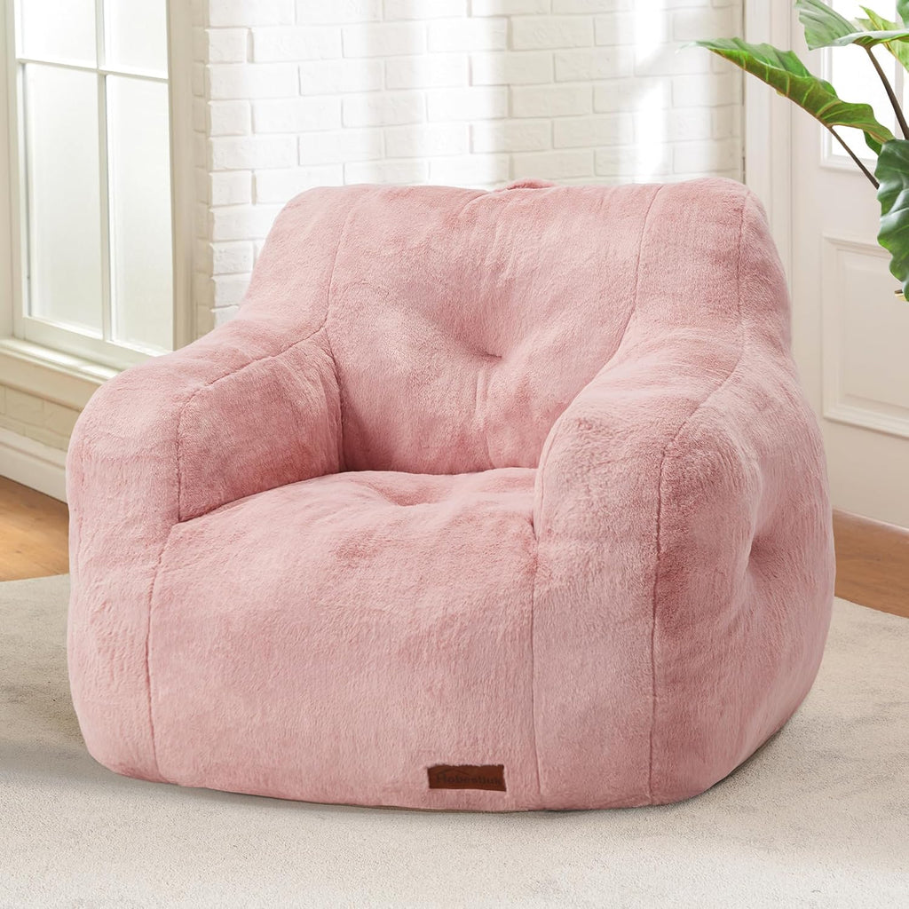 Hobestluk Furry Bean Bag Chair with Arms, Foam Filler for Adult, Pink | Soft Faux Fur Cover, High-Density Resilient Foam, Wide Backrest & Arm-rest, Carrying Handle, Fits Small Spaces, No Assembly