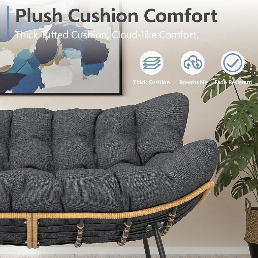 SWITTE Outdoor Papasan Loveseat, Oversized Double Wicker Egg Chair with Cushion, All-Weather Rattan 2-Seater Patio Lounge Chair for Balcony, Backyard, Poolside, Porch, Charcoal