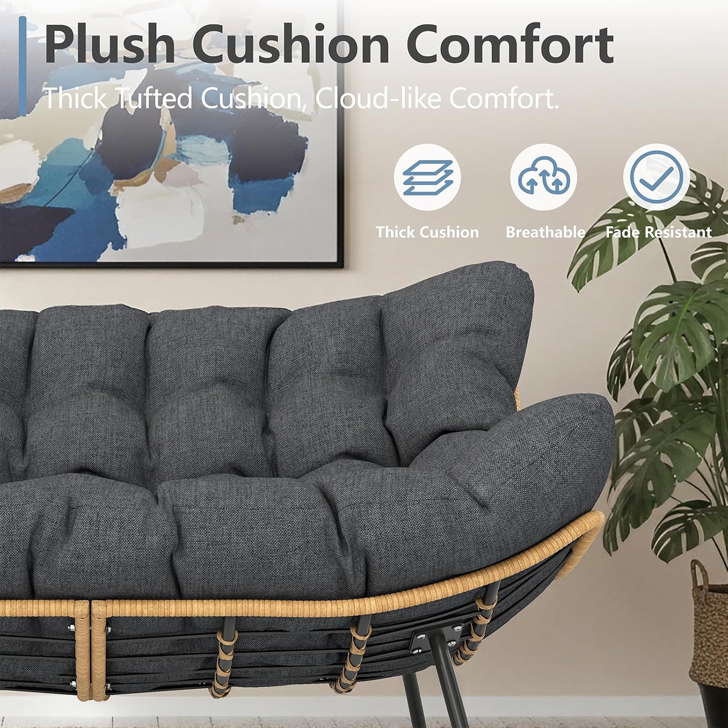 SWITTE Outdoor Papasan Loveseat, Oversized Double Wicker Egg Chair with Cushion, All-Weather Rattan 2-Seater Patio Lounge Chair for Balcony, Backyard, Poolside, Porch, Charcoal