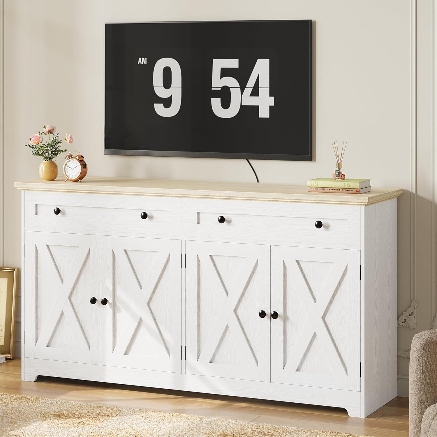 IRONCK Buffet Cabinet with Storage, Sideboard Storage Cabinet with Drawers, Coffee Bar Cabinet, Kitchen Cabinet with Doors, Natural Wood