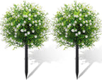 Suncalla Set of 2 Artificial Camellia Topiary Ball Tree Fake Bushes Shrubs Outdoor Faux Plant with Ground Spike 26x18 Inch Flowers UV Resistance Greenery for Porch Garden Patio (White,Camellia)
