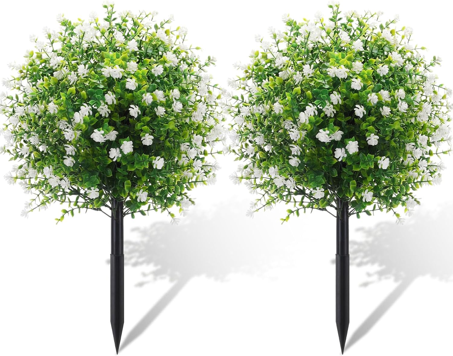 Suncalla Set of 2 Artificial Camellia Topiary Ball Tree Fake Bushes Shrubs Outdoor Faux Plant with Ground Spike 26x18 Inch Flowers UV Resistance Greenery for Porch Garden Patio (White,Camellia)