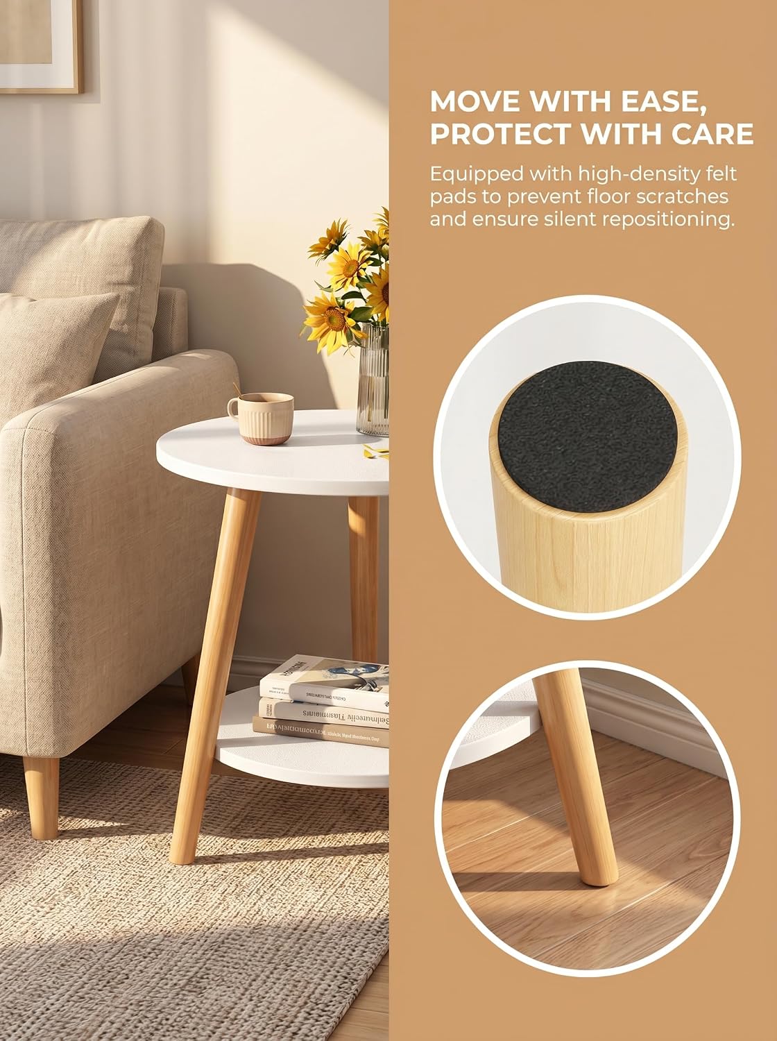 Round Side Table 2-Tier Wood Coffee Table Night Stand with Stable Triangle Legs for Living Room, Bedroom, Couch, Bedside