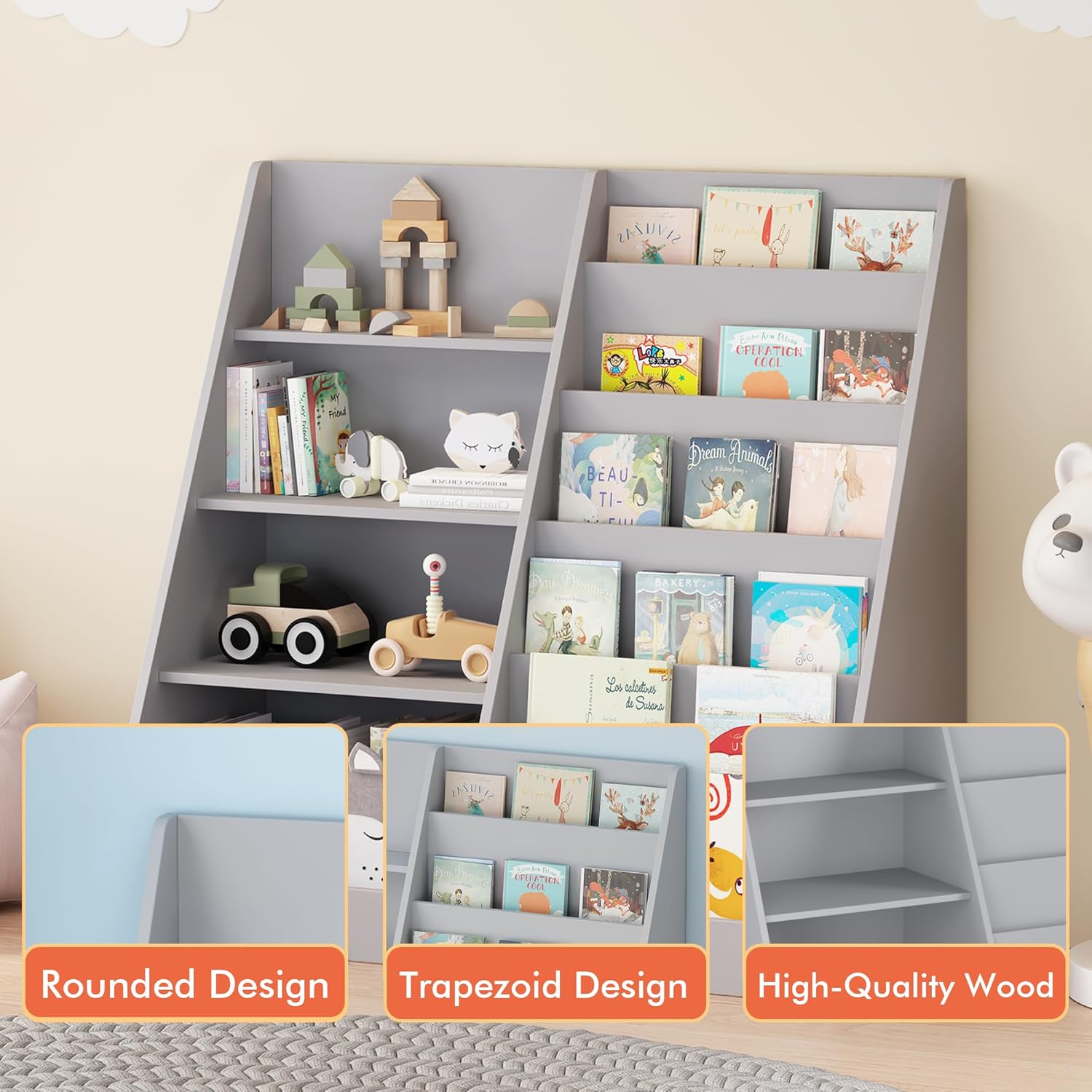 4 Tier Kids Bookshelf for Nursery, Baby Toddler Bookshelves Toy Organizers and Storage Bookcase, Wooden Children Book Shelf for Kids Rooms Classroom (Grey)
