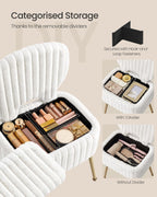 SONGMICS Small Vanity Chair with Storage and Folding Back, Vanity Stool, Footrest Footstool Ottoman, Dressing Table Stool, Furry Padded Seat, for Makeup Room, Bedroom, Cream White ULOM532WD01
