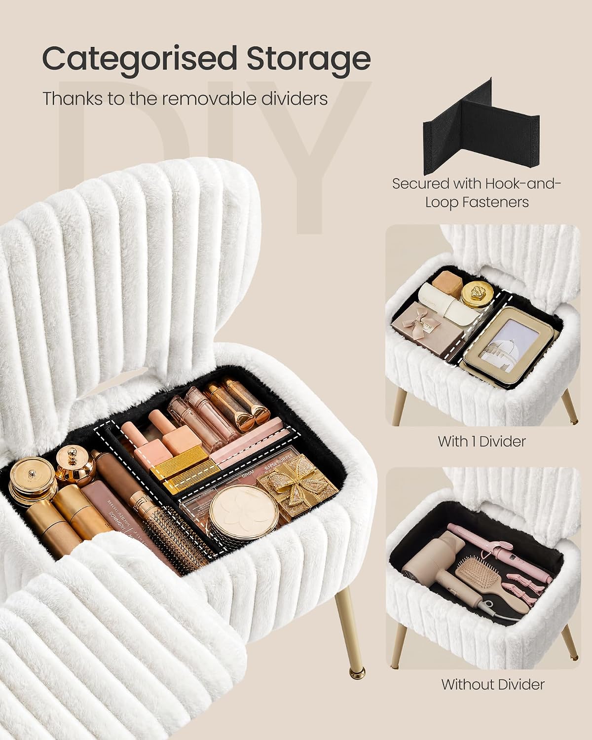 SONGMICS Small Vanity Chair with Storage and Folding Back, Vanity Stool, Footrest Footstool Ottoman, Dressing Table Stool, Furry Padded Seat, for Makeup Room, Bedroom, Cream White ULOM532WD01