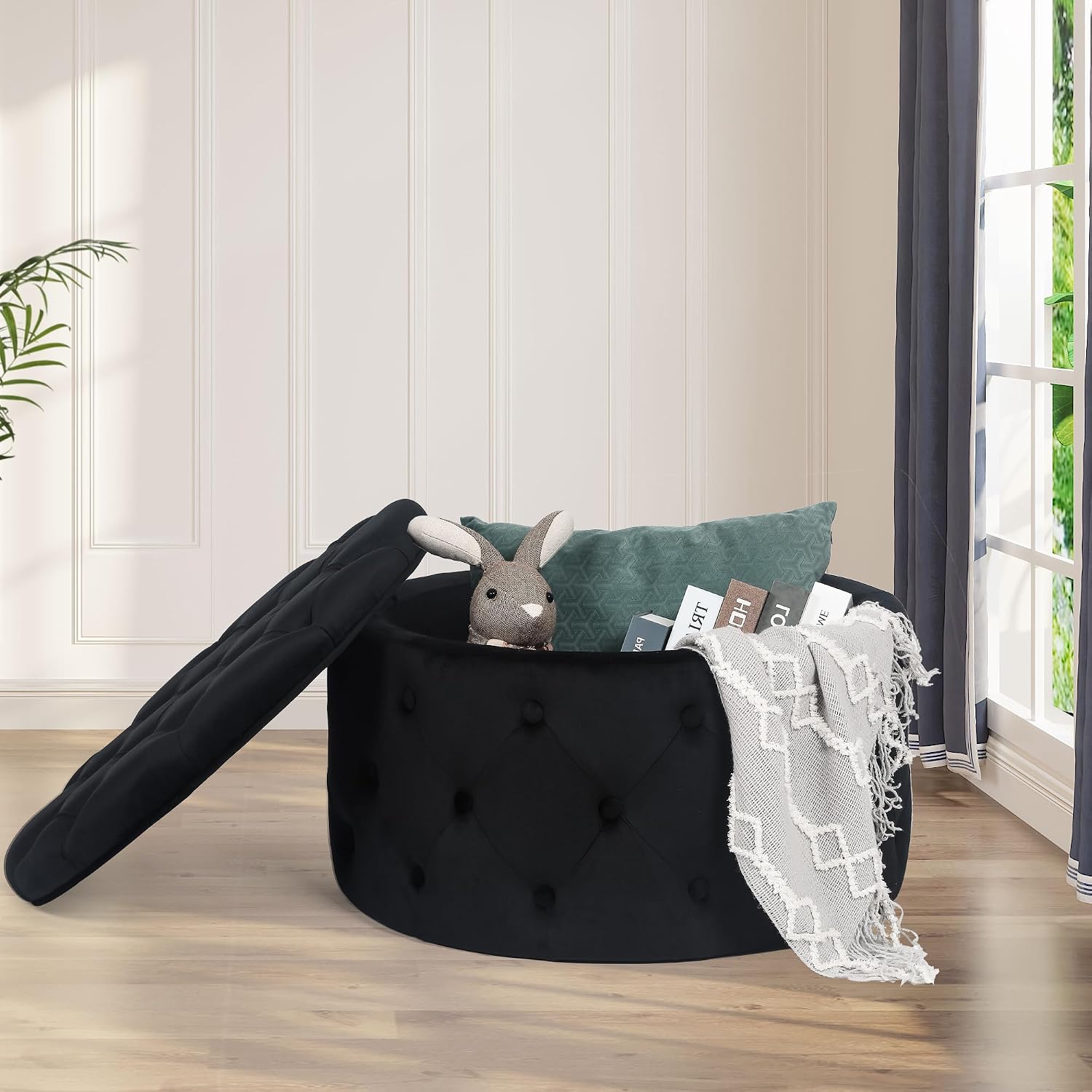 Joveco Round Storage Ottoman, Button Tufted Upholstered Ottoman with Removable Top, Storage Bench Coffee Table Footrest Stool for Living Room Bedroom Entryway (Black,M)