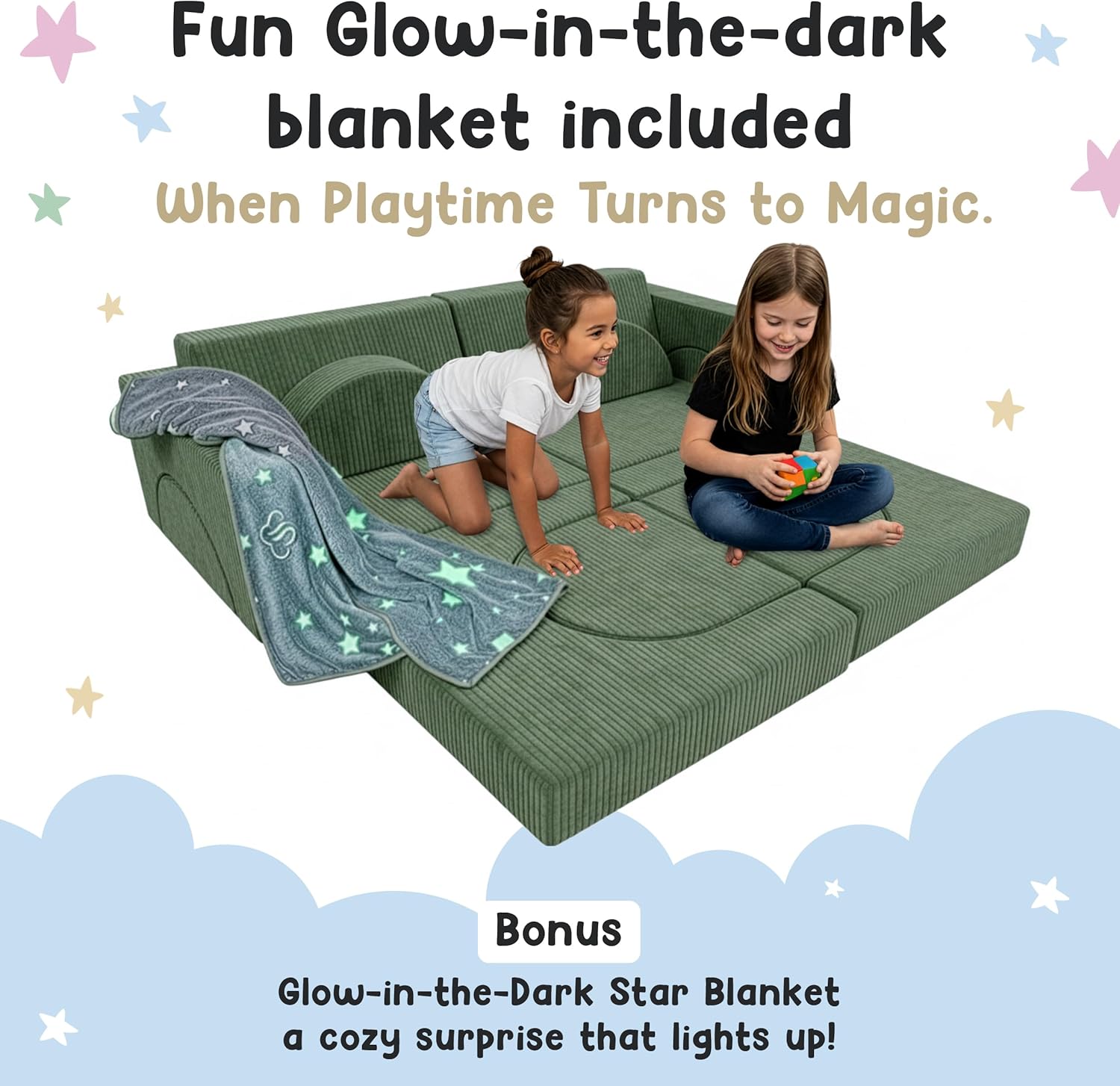 12-Piece Modular Kids Play Couch - Soft & Durable Toddler Couch with CertiPUR US Foam, Washable Covers - Playroom Furniture, Kids Sofa for Lounge, Living Room & Playroom - Green