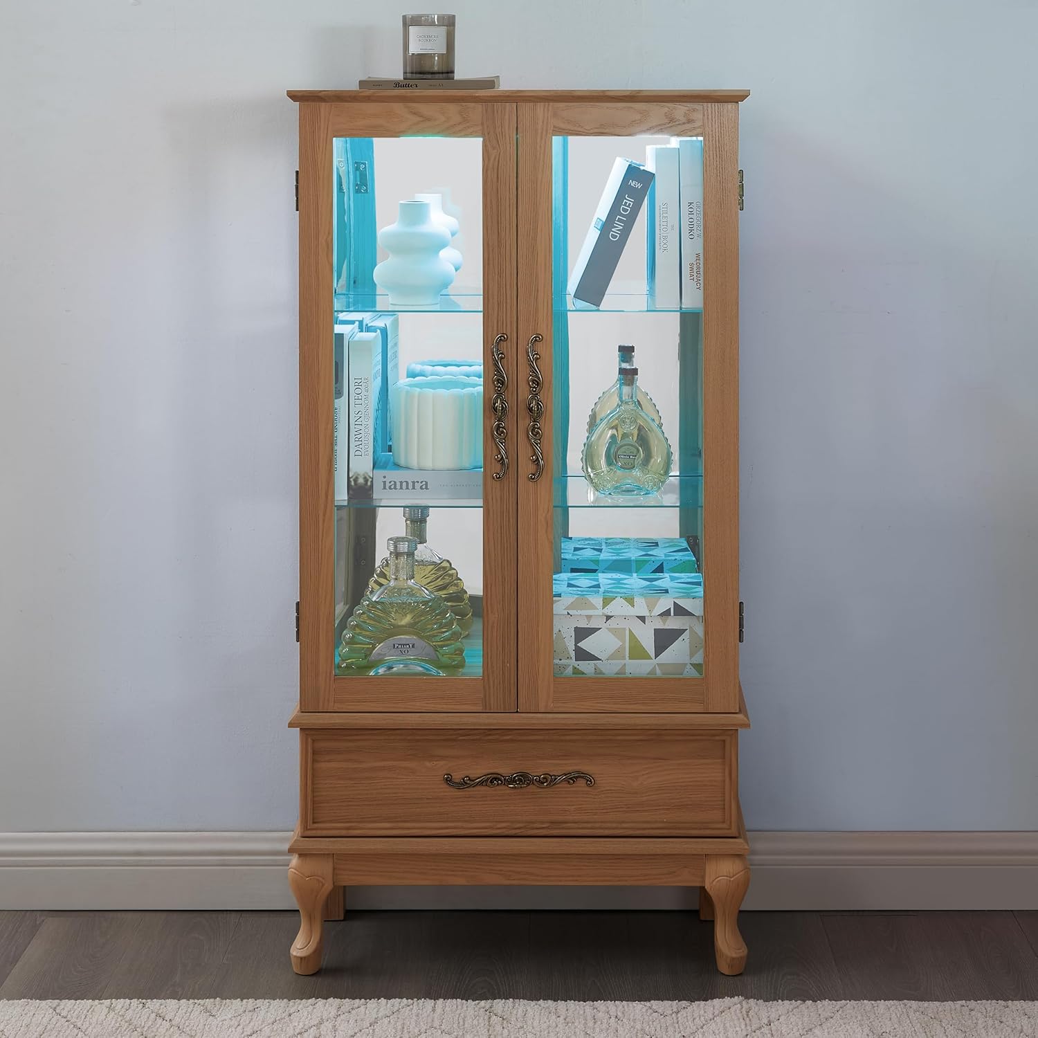 Lighted Curio Cabinet, Glass Display Cabinet, Light Oak Display Cabinet with Mirrored Back, Adjustable Shelves, 2 Glass Doors, 1 Drawer, 47.44 Inch High
