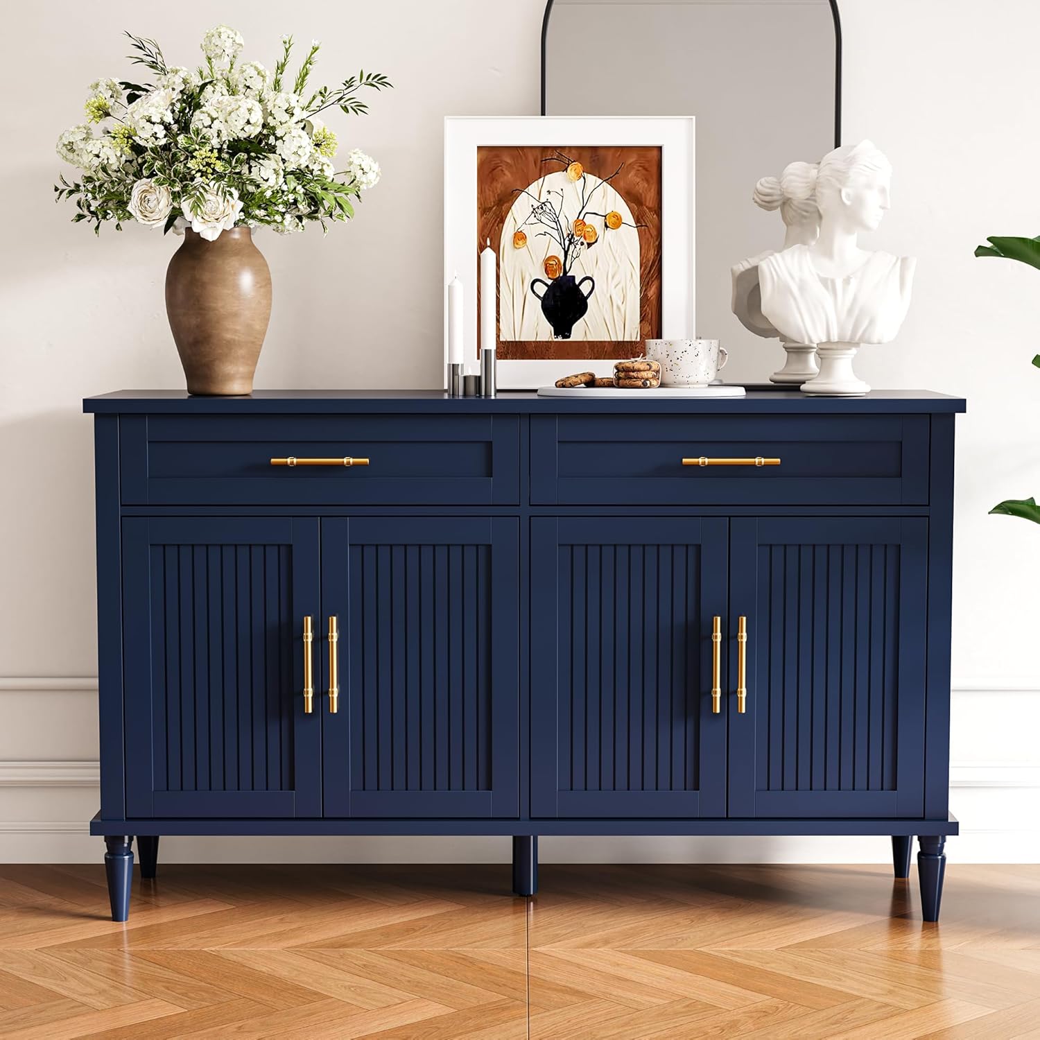 58 Inch Sideboard Buffet Cabinet with Storage, Fluted Buffet Storage Cabinet with 2 Drawers and 4 Doors, Modern Coffee Bar with Adjustable Shelves for Living Room, Kitchen (Blue)