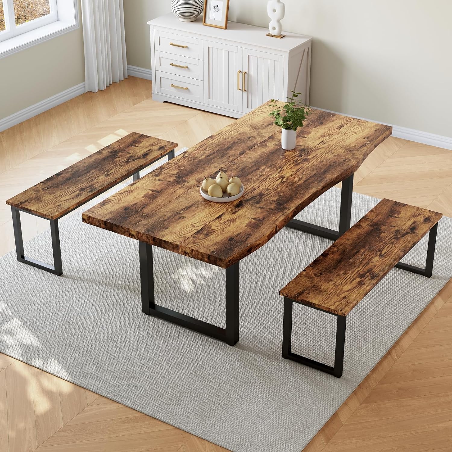 HIPIHOM 63" Dining Table with 2 Benches, Modern Kitchen Table and Chairs Set for 4 to 6 Persons, Thickened MDF Wooden Table for Kitchen, Dining Room
