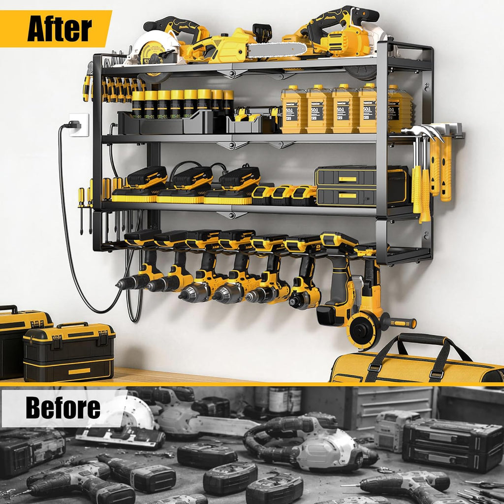 MOOMSINE Large Power Tool Organizer Wall Mount with Charging Station for Garage, 400lbs Metal Storage Rack with 8 Cordless Drill Holder, 4 Tier Heavy Duty Battery Tool Shelf with 5 Outlet Power Strip
