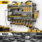 MOOMSINE Large Power Tool Organizer Wall Mount with Charging Station for Garage, 400lbs Metal Storage Rack with 8 Cordless Drill Holder, 4 Tier Heavy Duty Battery Tool Shelf with 5 Outlet Power Strip