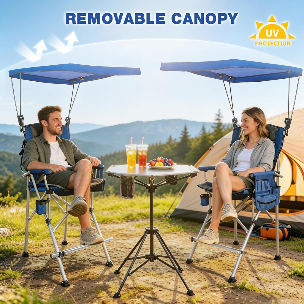 Extra Tall Folding Chairs with Canopy Shade for Adults, Portable Height Foldable Director Chairs with Umbrella for Concerts Sports Events Camping Outside with High Back, Blue 2 Pack