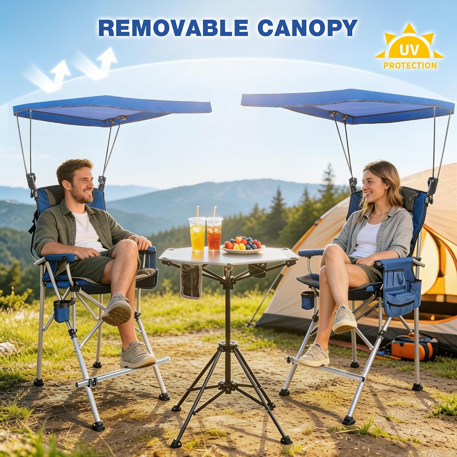 Extra Tall Folding Chairs with Canopy Shade for Adults, Portable Height Foldable Director Chairs with Umbrella for Concerts Sports Events Camping Outside with High Back, Blue 2 Pack