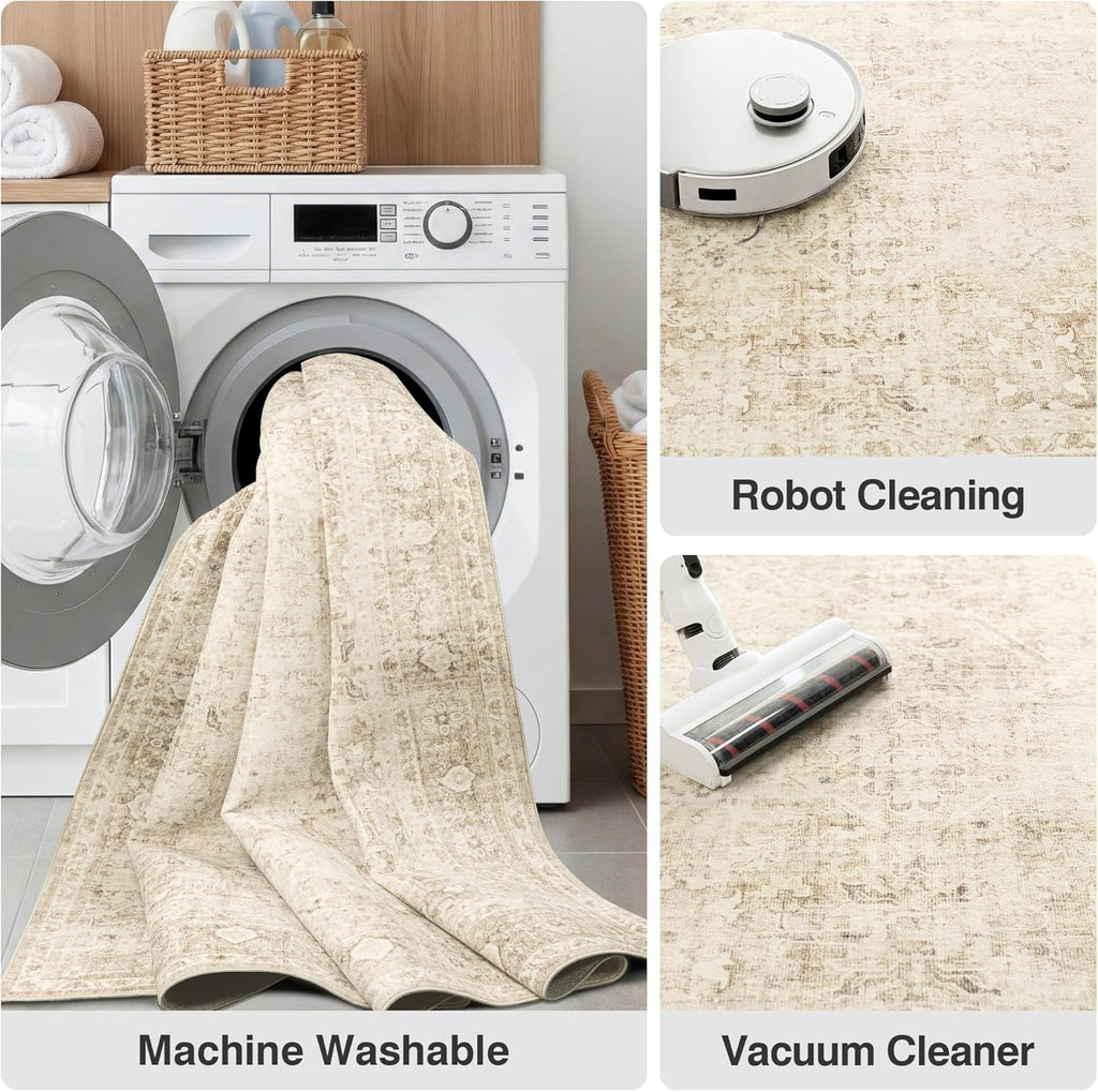 FMFUNCTEX 8x10 Washable Area Rug Beige Neutral Vintage Distressed Oriental Large Non Slip Carpet for Living Room Bedroom Traditional Retro Soft Low Pile Indoor Rugs for Dining Room Office Nursery