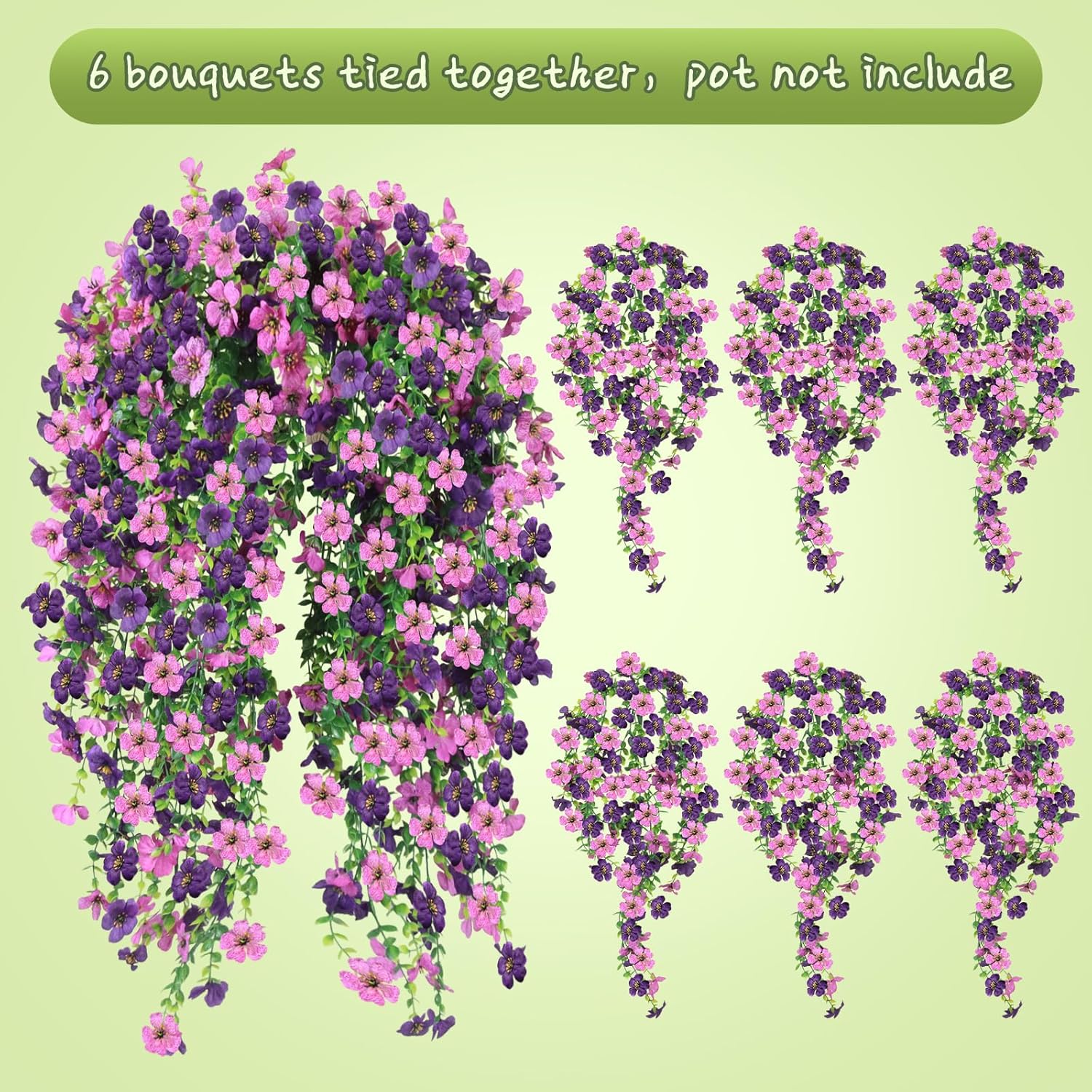 Artificial Hanging Flowers for Outdoors, 6PCS Faux Silk Artificial Flowers for Outdoors, UV Resistant Fake Flowers, No Fade Trailing Greenery, Decor for Home Porch Patio Balcony Garden Yard