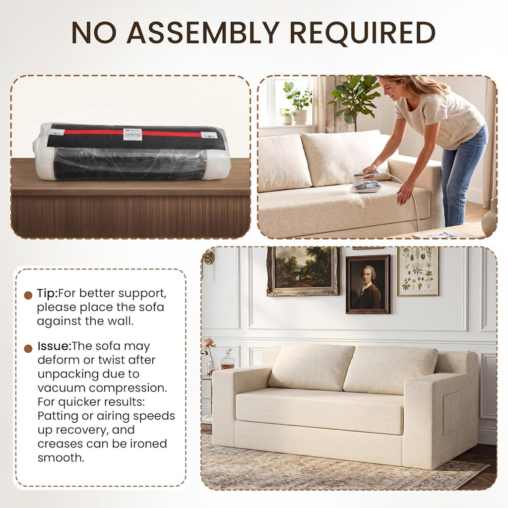 GRUSIGN 71" Boneless Loveseat Couch,Chenille Pullout Futon Couch,4 in 1 Folding 3 Seater Sofa Bed for Living Room,Boneless Cloud Couch with Storage Pocket & 2 Pillows,Beige