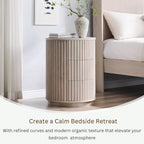 JXQTLINGMU Fluted Nightstand with 3 Push-to-Open Drawers, 24" Tall Round Side Table, Modern Wood End Table for Bedroom, Living Room or Small Spaces, White Alder