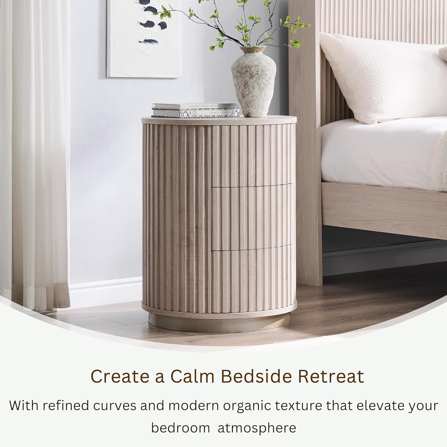 JXQTLINGMU Fluted Nightstand with 3 Push-to-Open Drawers, 24" Tall Round Side Table, Modern Wood End Table for Bedroom, Living Room or Small Spaces, White Alder