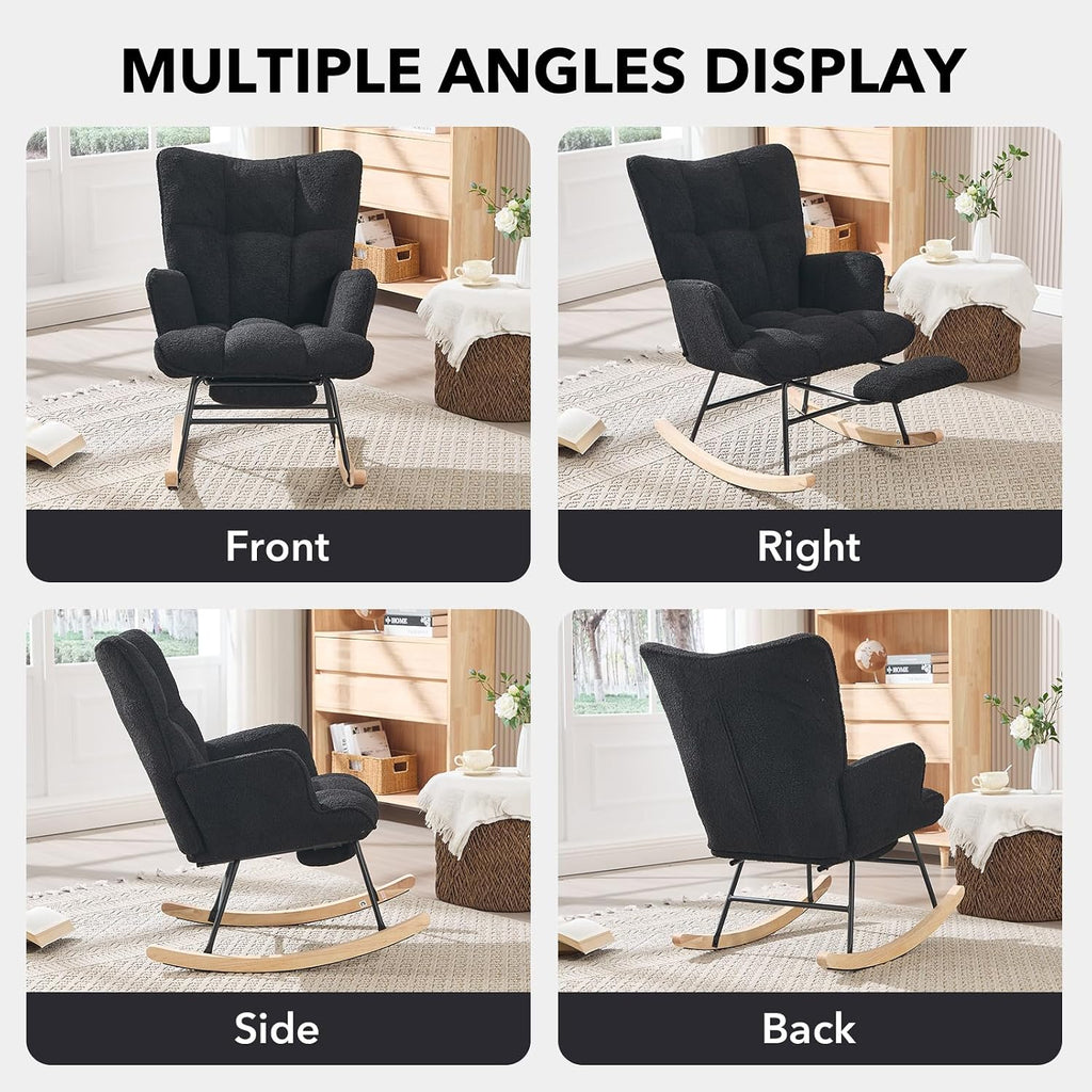 Nursing Rocking Chair, Teddy Glider Rocker with Footrest (Black) | Upholstered Accent Rocking Armchair with High Back & Side Pocket for Living Room Bedroom Nursery Office