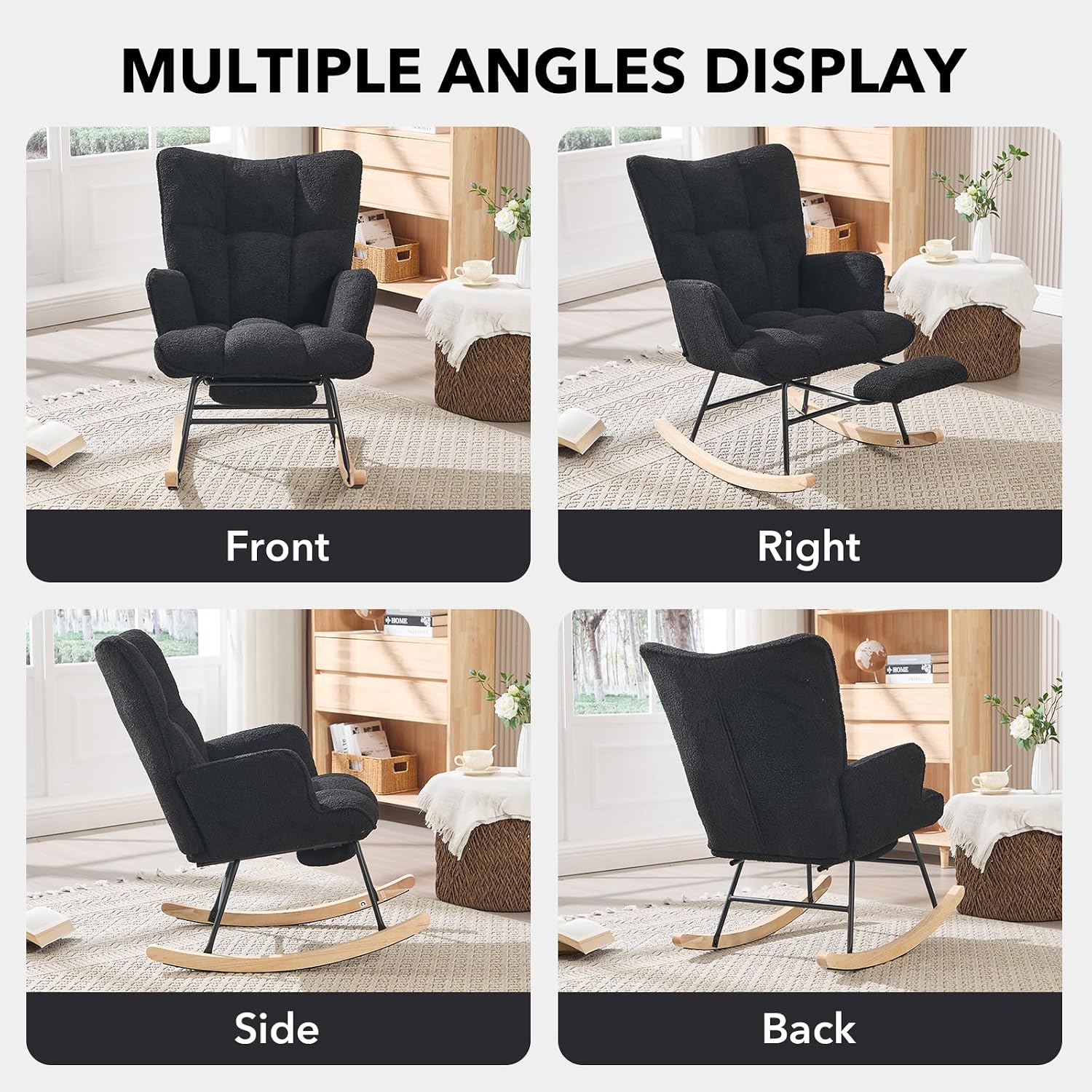 Nursing Rocking Chair, Teddy Glider Rocker with Footrest (Black) | Upholstered Accent Rocking Armchair with High Back & Side Pocket for Living Room Bedroom Nursery Office