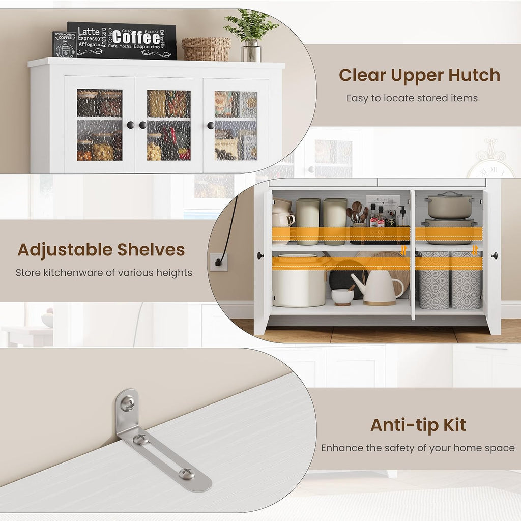 GarveeHome 66" Tall Pantry Cabinet with Power Outlet & LED Light, Kitchen Pantry Storage Cabinets with Countertop, Large Kitchen Hutch with Storage Drawers & Water Ripple Acrylic Panel Cabinet Door