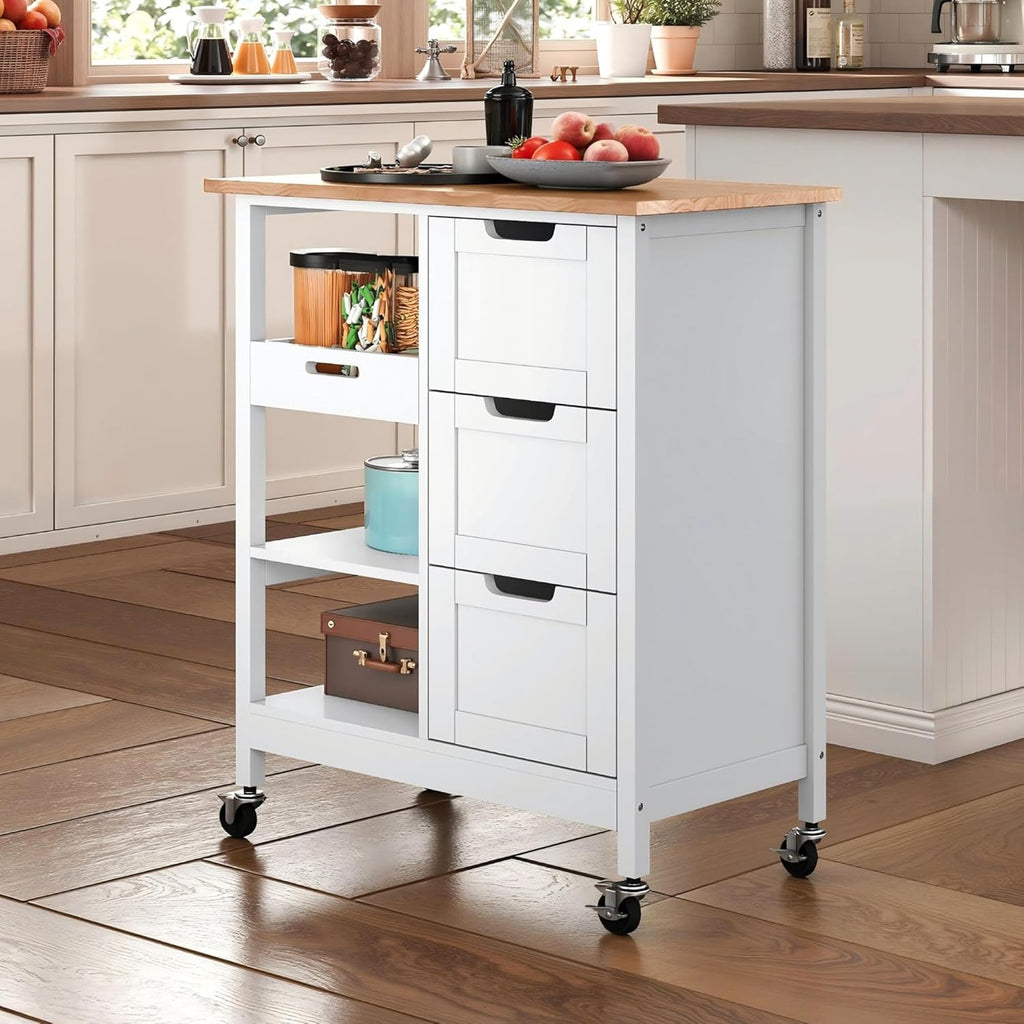 DWVO Solid Wood Top Rolling Kitchen Island Cart, 3 Tier Mobile Kitchen Storage Island Cart with 3 Drawers and 3 Opening Storage Shelves for Kitchen & Dining Area, White