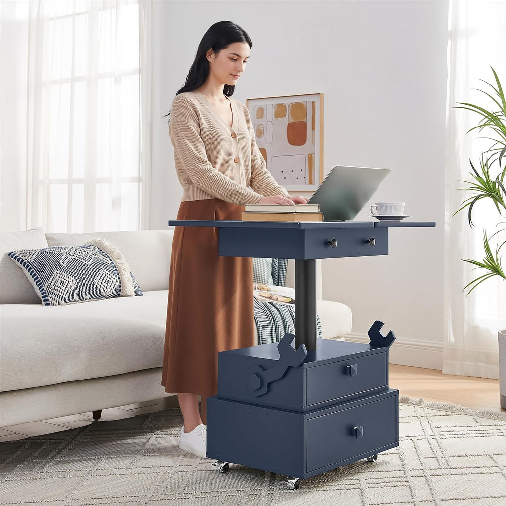 Adjustable Height Lift-Top End Table with Charging Station, High-Gloss Lacquered Finish, Rolling Side Table with Lockable Wheels & Storage Drawers, for Living Room Bedroom, Blue