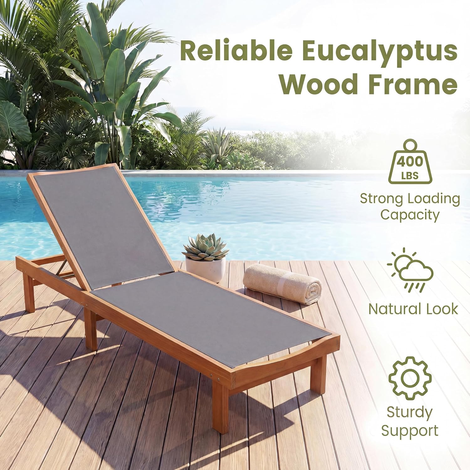 COSTWAY Set of 2 Patio Wood Chaise Lounge Chair, Strong Eucalyptus Wood Frame, 5-Position Adjustable Outdoor Recliner with White Mesh (Grey)