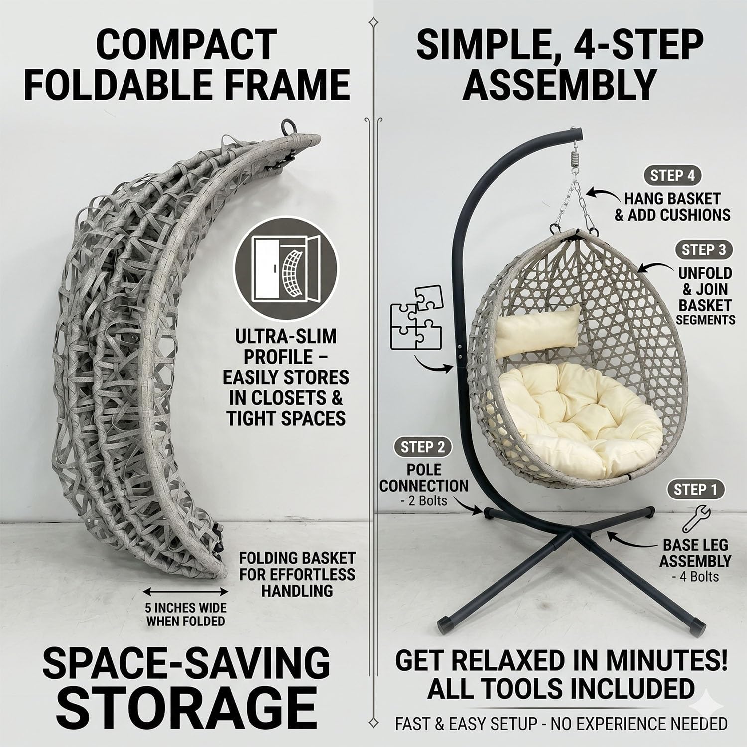 Folding PE Rattan Hanging Egg Chair with Stand, Indoor Outdoor Hammock Swing Basket Chair, Aluminum Steel Frame, 350LBS Capacity for Patio Balcony Backyard Bedroom(Beige+Grey)