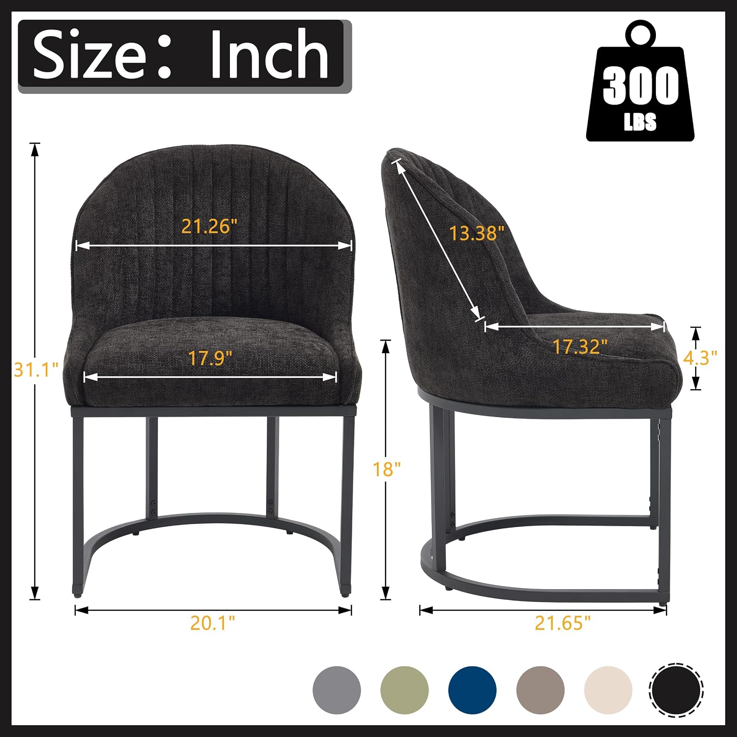 Dining Chairs Set of 2, Linen Upholstered Dining Room Chairs with Black Metal Legs, Modern Kitchen Side Chairs Reading Chair (Black+Black, Set of 2)